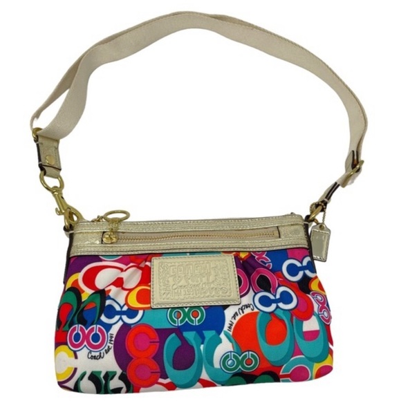 Coach Poppy Daisy Vibrant Colorful Signature “C” Gold Metallic Cross Body Bag - Picture 14 of 14